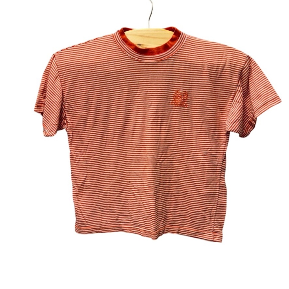 Vintage Resource Striped T-Shirt Orange White Embroidered Crest Mens Large L